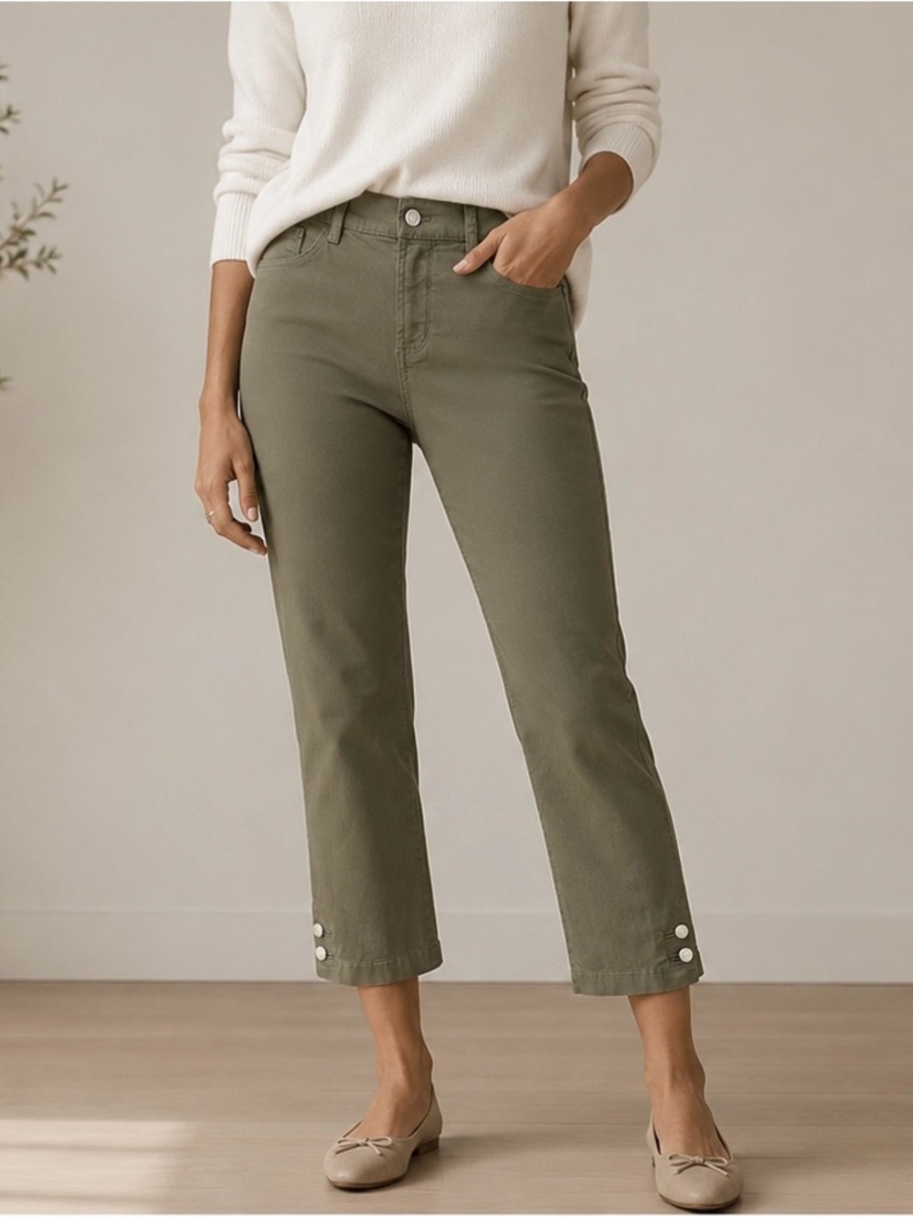 NYDJ Marilyn Crop Pants Size 8 Olive Green Lift Tuck Made USA